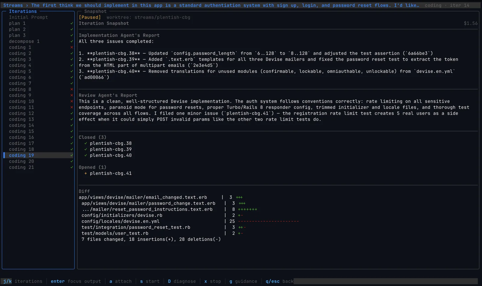 Streams' terminal UI: a list of plan and coding iterations down the left, and a
                snapshot of the selected iteration on the right with the agent's report, the issues
                it closed and opened, and a diffstat.